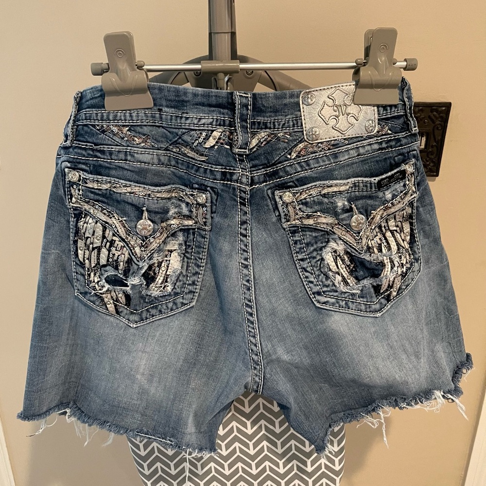 Miss Me ‘Angel Wing’ Embellished Denim Shorts - Distressed Blue Wash